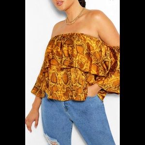 Off Shoulder Mustard Snake Print Bardot Top